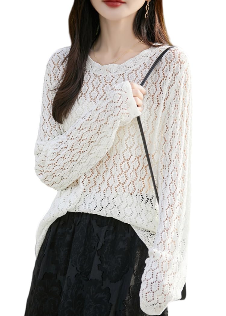 Maglia Donna Elegante Top Estivi da Donna all'Uncinetto Maglioni Leggeri in Lino A Maglia Maniche Lunghe Maglione Traforato Copricostume da Spiaggia in Maglia per Donna Pullover Traspare