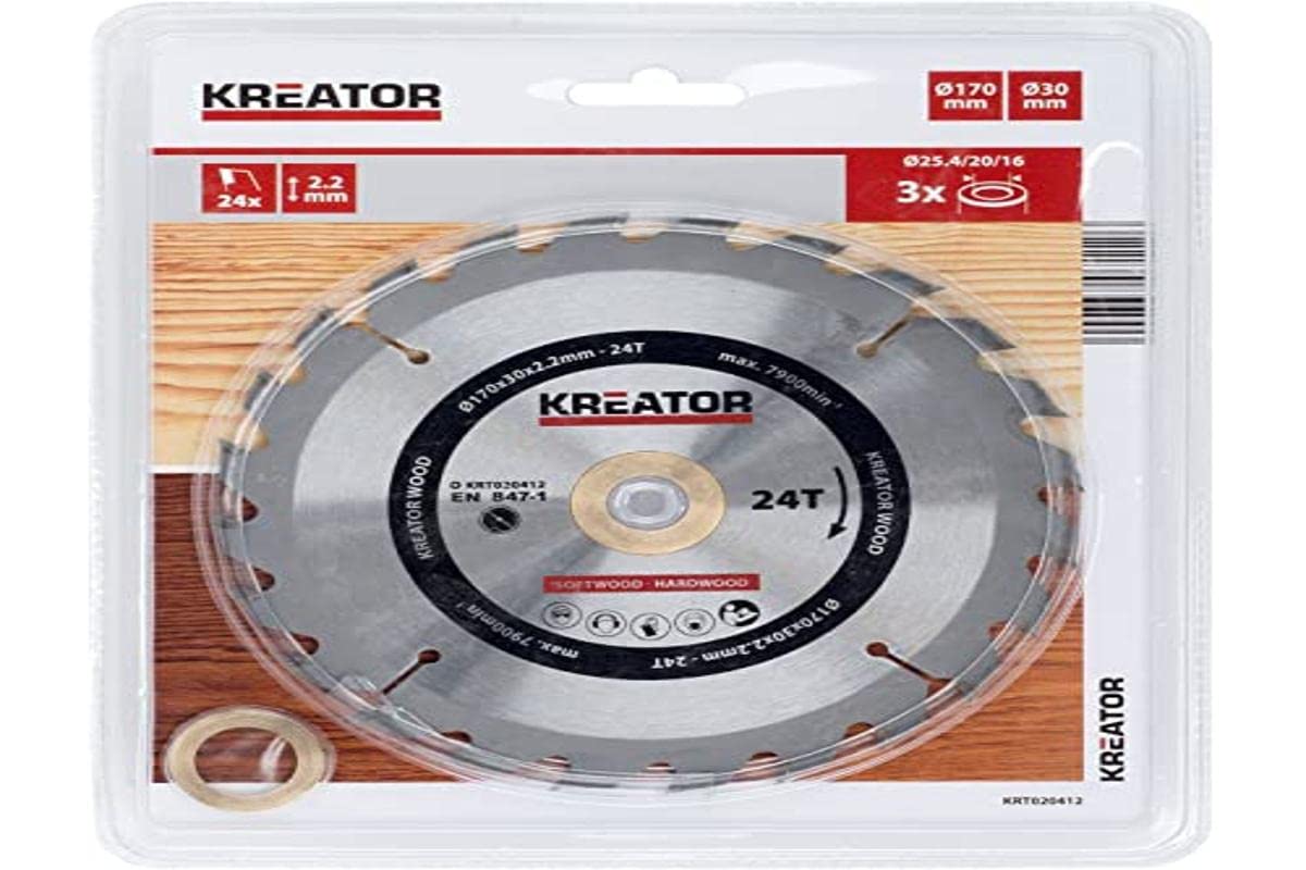 KREATOR Kreissägeblatt 170 Mm – 48 Zähne Für Holz | Mit Reduzierringen Für 16, 20, 25,4 Mm Bohrung