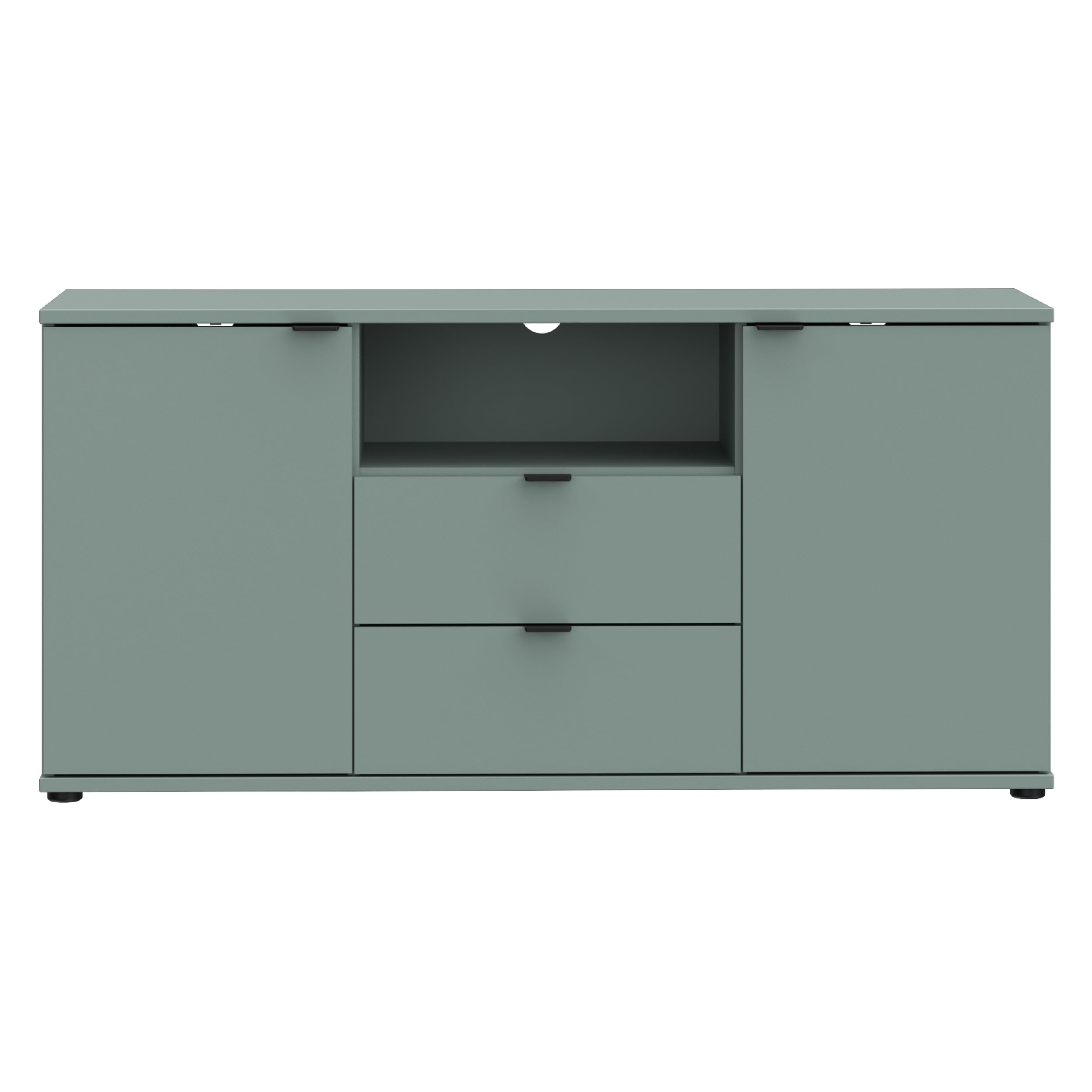 Forte Ganymede TV-Schrank 130, minimalistisches Lowboard, 2-türig, 2 Schubladen, offenes Fach, Holzwerkstoff, Wohnzimmer, Salbei, 129,8 cm breit x 63,1 cm hoch x 41,3 cm tief