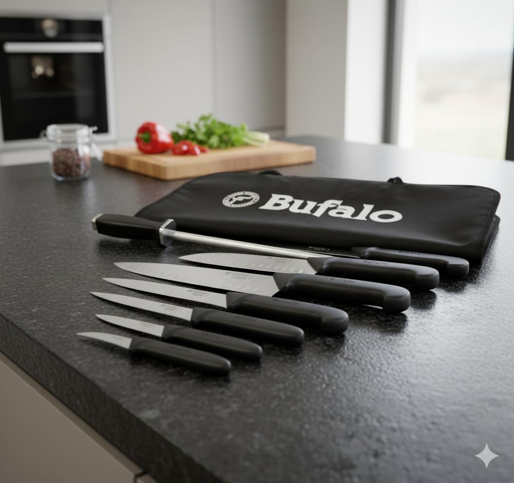 Set Coltelli 8 Pezzi Multiuso con Fodero Bufalo Kit Pro Manico Nero