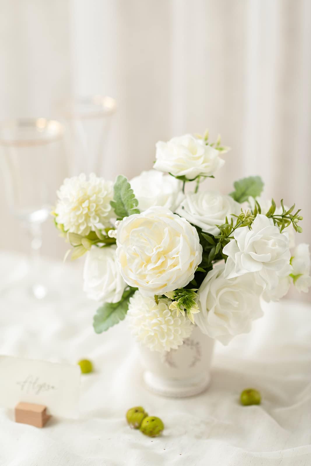 FLCSIed Artificial Dahlia Flowers 25pcs Real Looking Foam Fake Roses with Stems for DIY Wedding Bouquets White Bridal Shower Centerpieces Floral Arrangements Party Tables Home Decoration … (Ivory) - Image 2