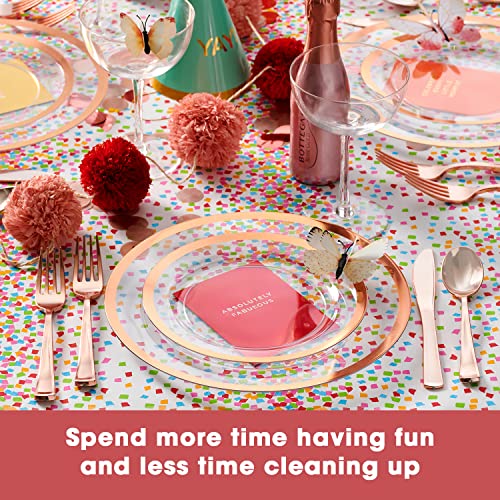 By Madee Heavyweight Plastic Plates Disposable Dinnerware Set - Rose Gold & Clear 150 Piece Set For 25 Guests - Dinner & Salad Plates, Silverware & Gift Of 3D Butterflies - Premium Plastic Supplies #TOP1