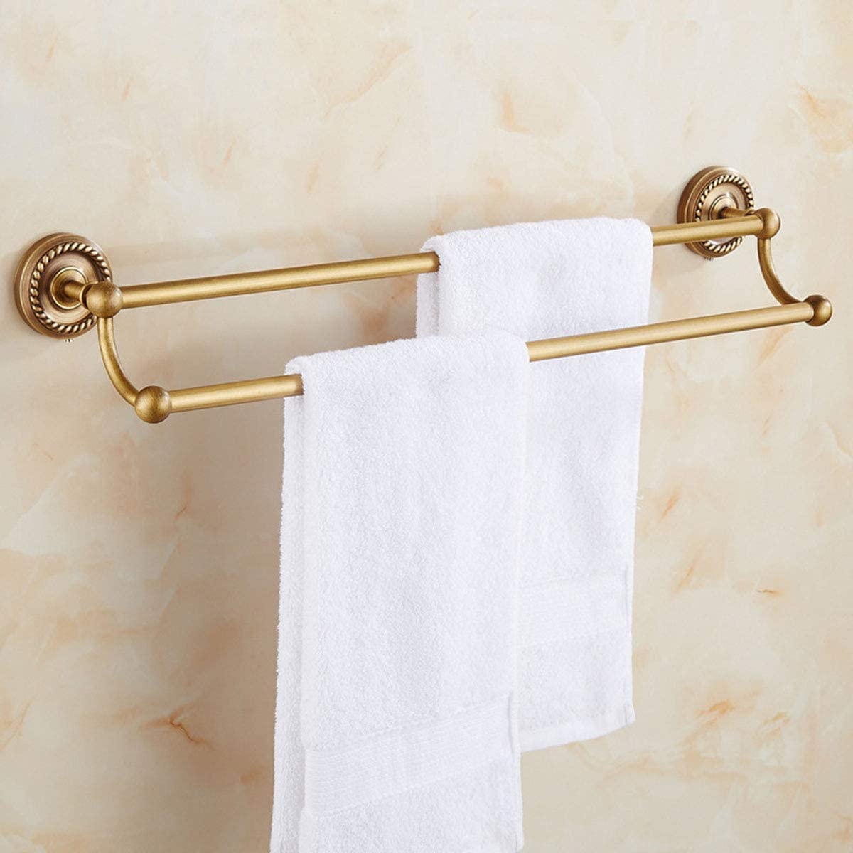 NEECS Porte-Serviettes Porte-Serviettes Double Porte-Serviettes Rail Tous Les Accessoires de Salle de Bain en Laiton Antique Fixation Murale Style européen rétro (Taille: 60 cm) (60 cm)