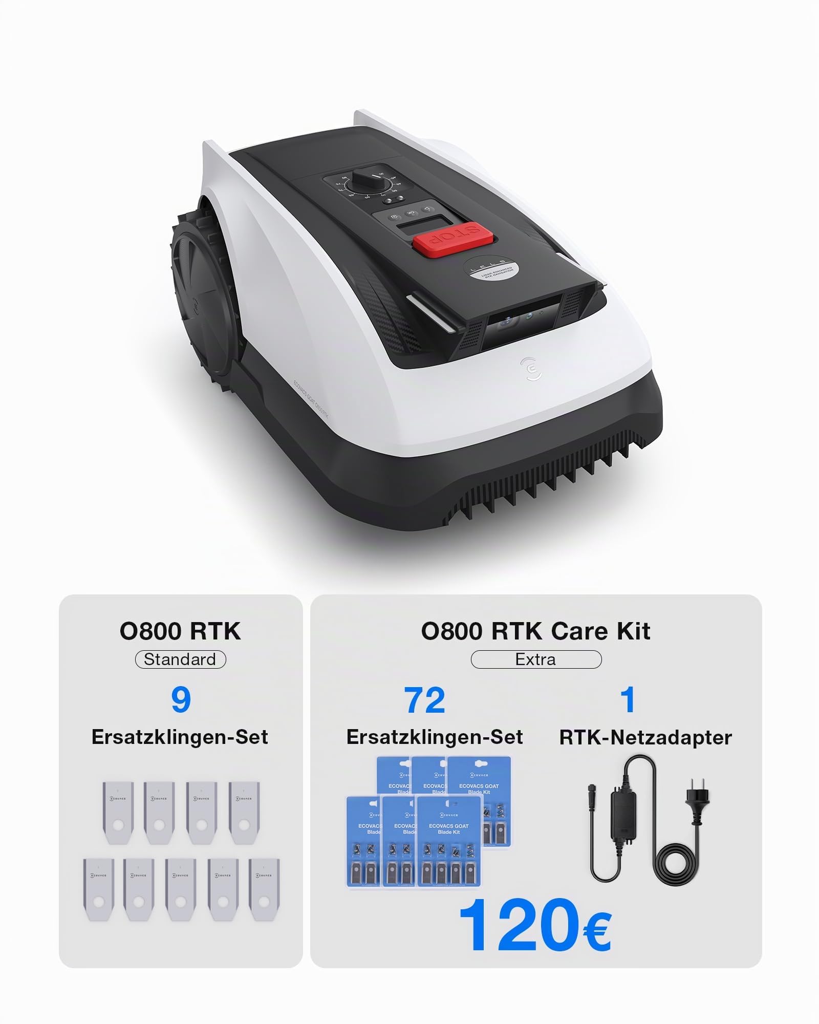 ECOVACS Goat O800 RTK Care Kit Mähroboter Ohne Begrenzungskabel, 800m², LiDAR-Gestützte RTK+Vision Navigation, Rasenmäher Roboter, Auto-Kartierung, Passiert 0,7m Engstellen, Präzises Kantenmähen
