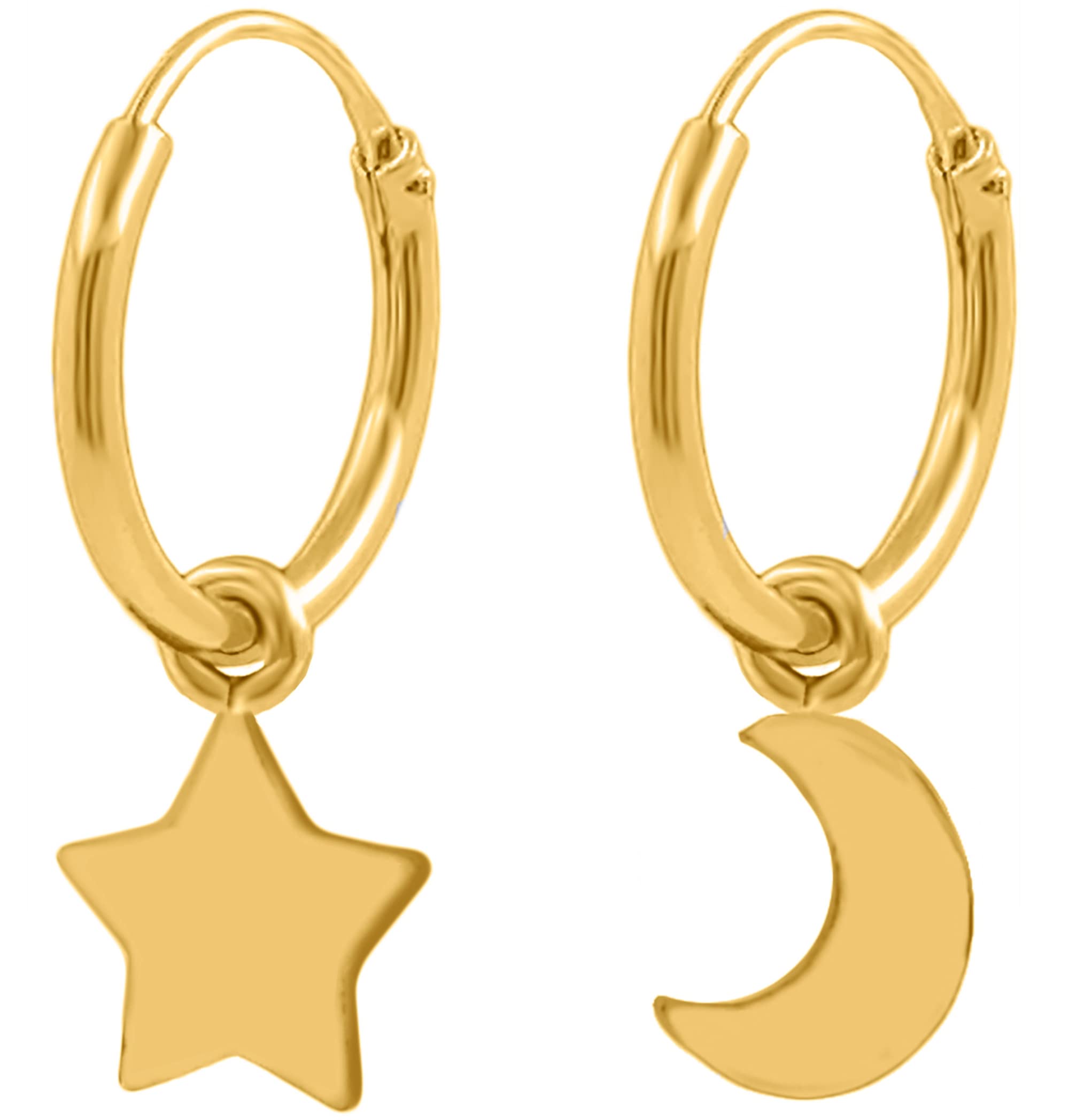 ENTREPLATA Pendientes de Aro Plata de Ley 925 Chapado Oro 24 K. Aretes Criollas Sterling Silver Dos Aros con Charm Colgante de Pequeña Media Luna y Estrella Dorados