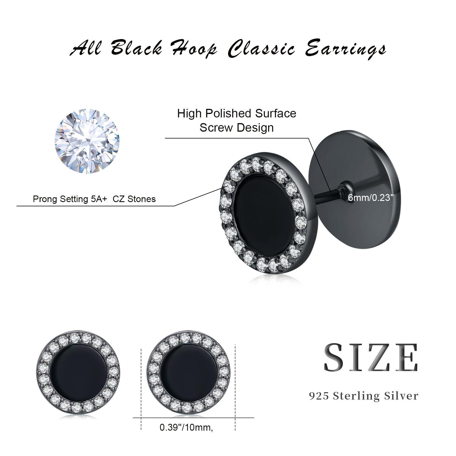 Orecchini a perno da uomo in argento Sterling 925 nero con retro piatto orecchini a perno in onice nero orecchini a elica piercing gioielli regali per le donne