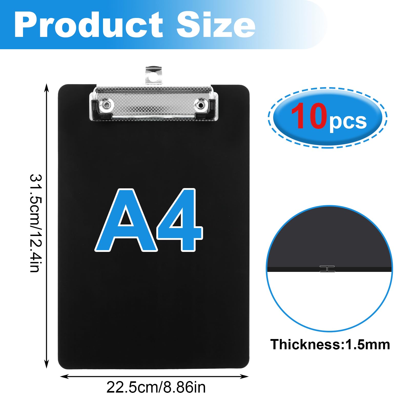 Portapapeles con Pinza A4 Negro, Carpeta Plastico 1.5 mm, Tablero de Escritura para Oficina