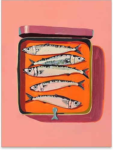 OMANI Pósteres de lata de sardina, vintage, cocina, alimento, arte de pared, divertido lienzo de pescado, mariscos, pintura al óleo para cocina