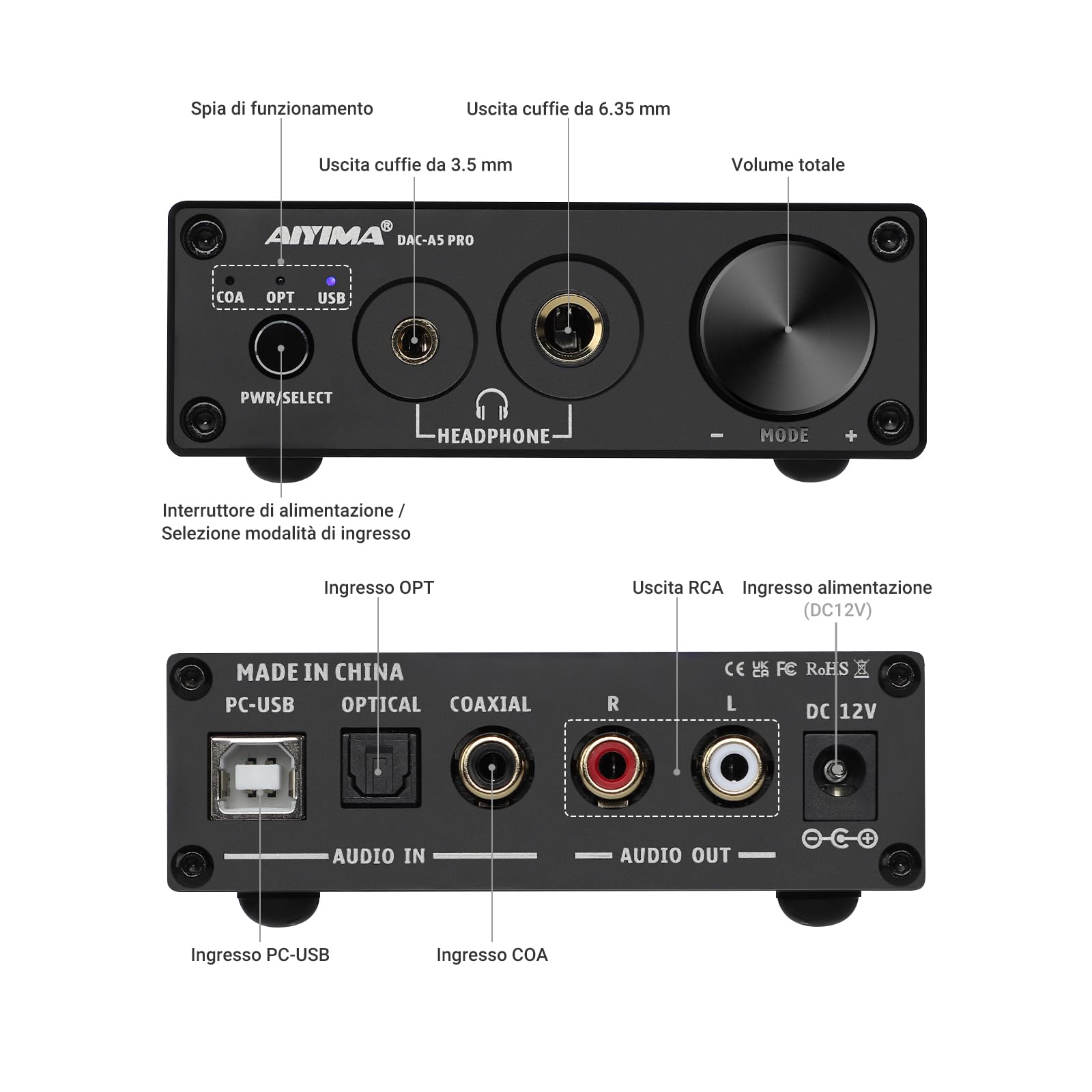 AIYIMA DAC A5 Pro Mini Amplificatore Per Cuffie HIFI USB DAC Decoder Audio 24BIT 192KHz Mini Stereo Decoder con DC12V