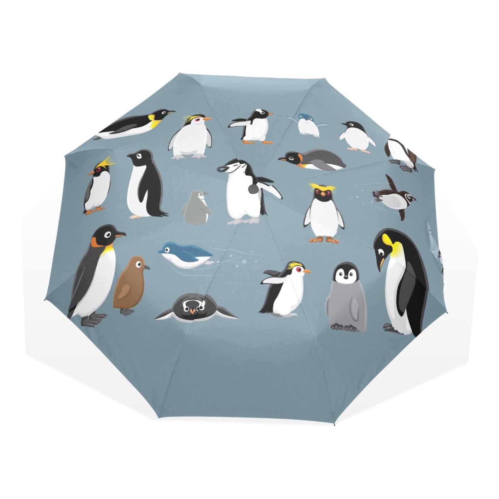 Poeticcity Various Cartoon Penguins Seamless Pattern on Blue Rain Travel Umbrella, Hand Open Close Windproof Waterproof Folding Umbrella, Compact Canopy Strong Ray Parasol Umbrella