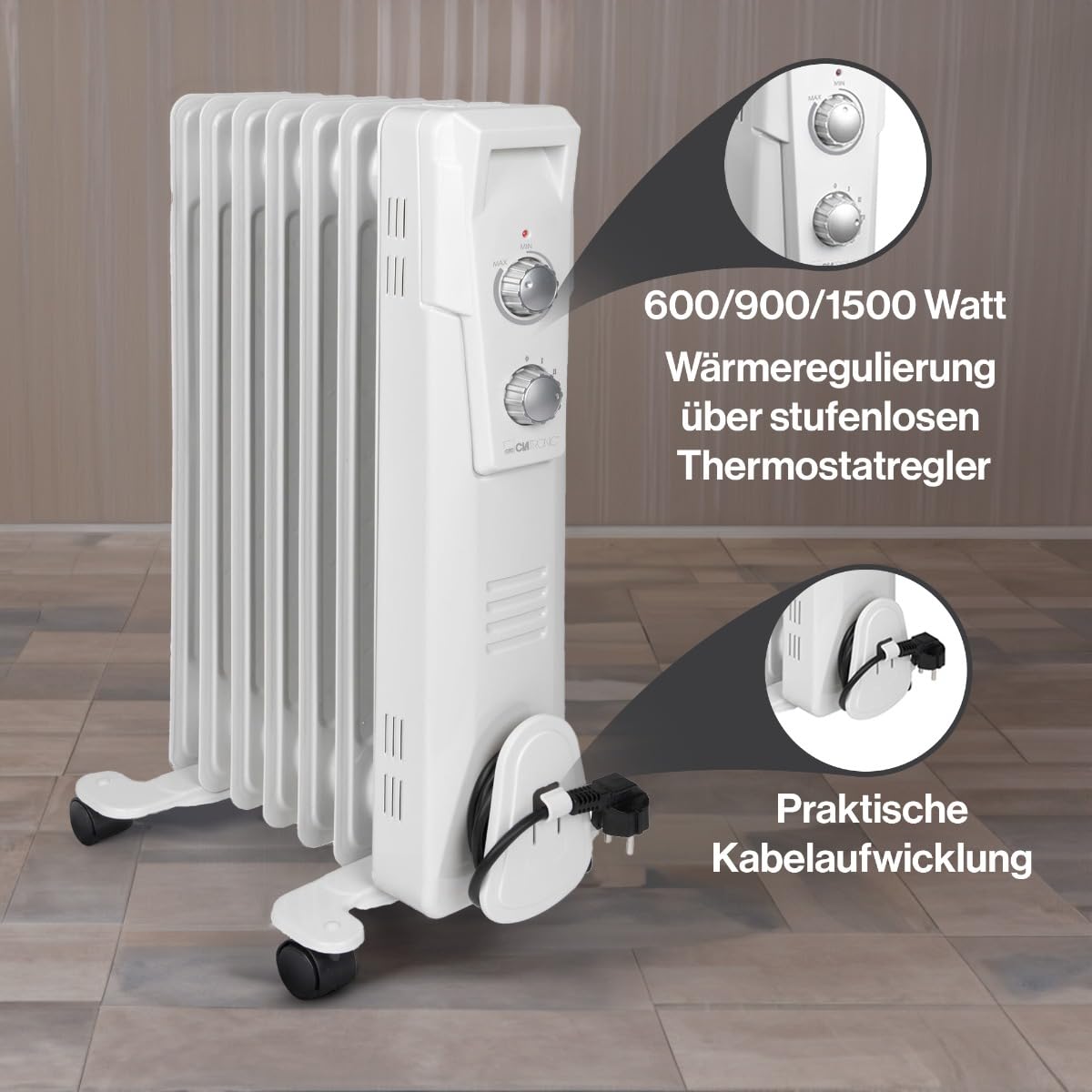 Clatronic® Ölradiator | Effiziente mobile Heizung | elektrische Heizung mit 7 Rippen | Radiator mit 3 Leistungsstufen | Slimline Heizkörper | bis zu 30qm | 1500 Watt | RA 3735