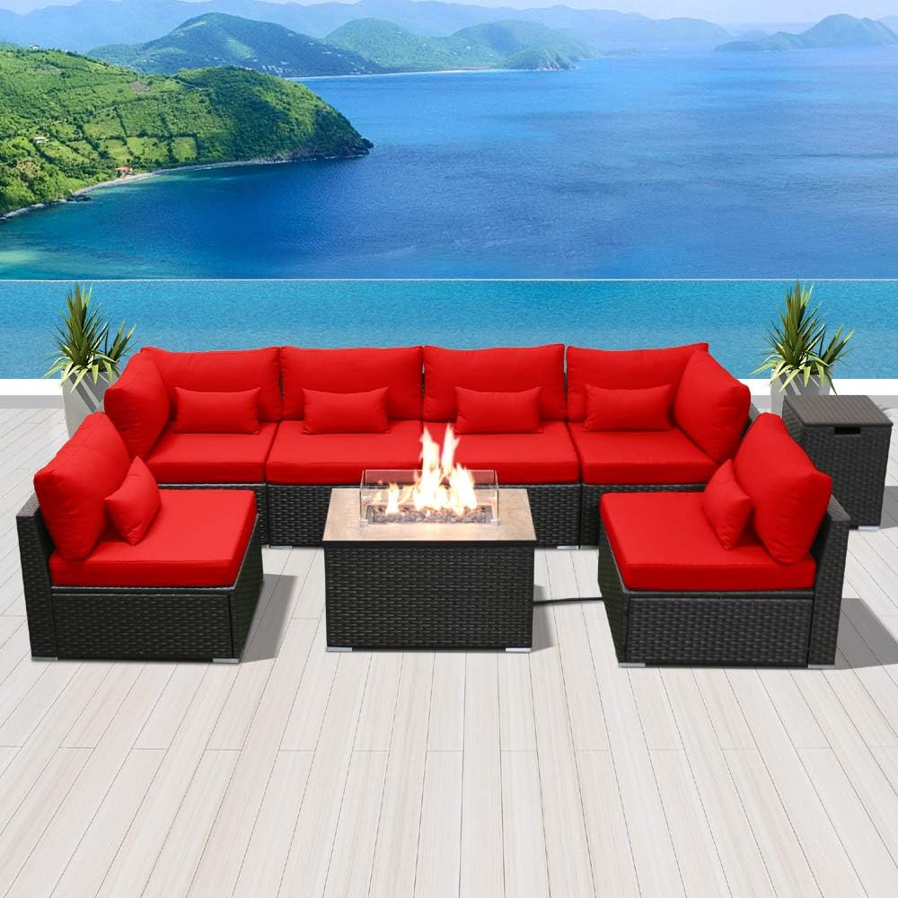 Dineli Outdoor Patio Furniture Set Wicker Rattan Patio Conversation Set with Fire Pit Table Sectional Sofa Set Seating Furniture with Thickened Cushion (Red - Rectangular Fire Pit Table)