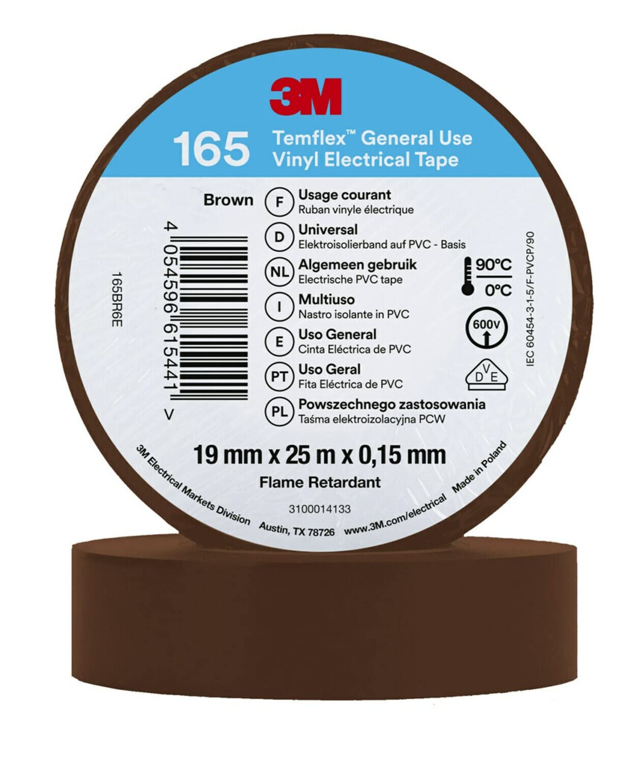 3M 165Yg1E Taśma Winylowa, Zielony/Żółty, 15 mm x 10 m