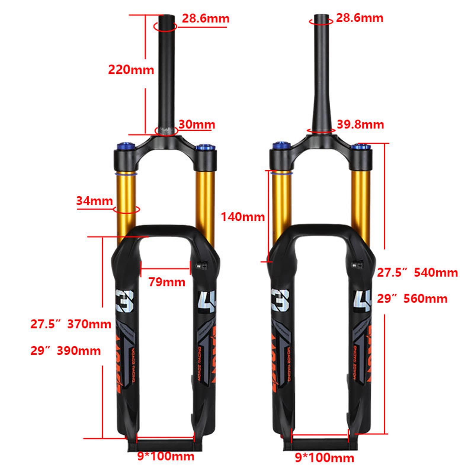 Fourche VTT à Suspension pneumatique, débattement de 140 mm, Tube Droit/Conique de 1 1/8", axe traversant, réglage du Rebond de 9 mm, débattement de 26/27,5 Pouces.