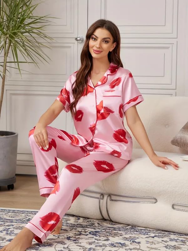 Image of Night Suit for Women with Full Sleeve Button-Down Top with Pant Dress for Woman,Night Dress for Woman, Two-Piece Loungewear Set