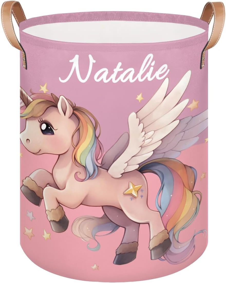 Personalized Laundry Basket, Custom Gift Laundry Hamper, Collapsible Nursery Waterproof Laundry Baskets, Dirty Clothes Toy Hamper with Handles Pink Purple Unicorn