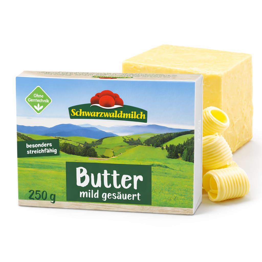 Schwarzwaldmilch Butter mild gesäuert 250g - Streichzart, cremig & natürlich ohne Gentechnik - Premium Butter aus dem Schwarzwald, 4 Packungen á 250 g Packung