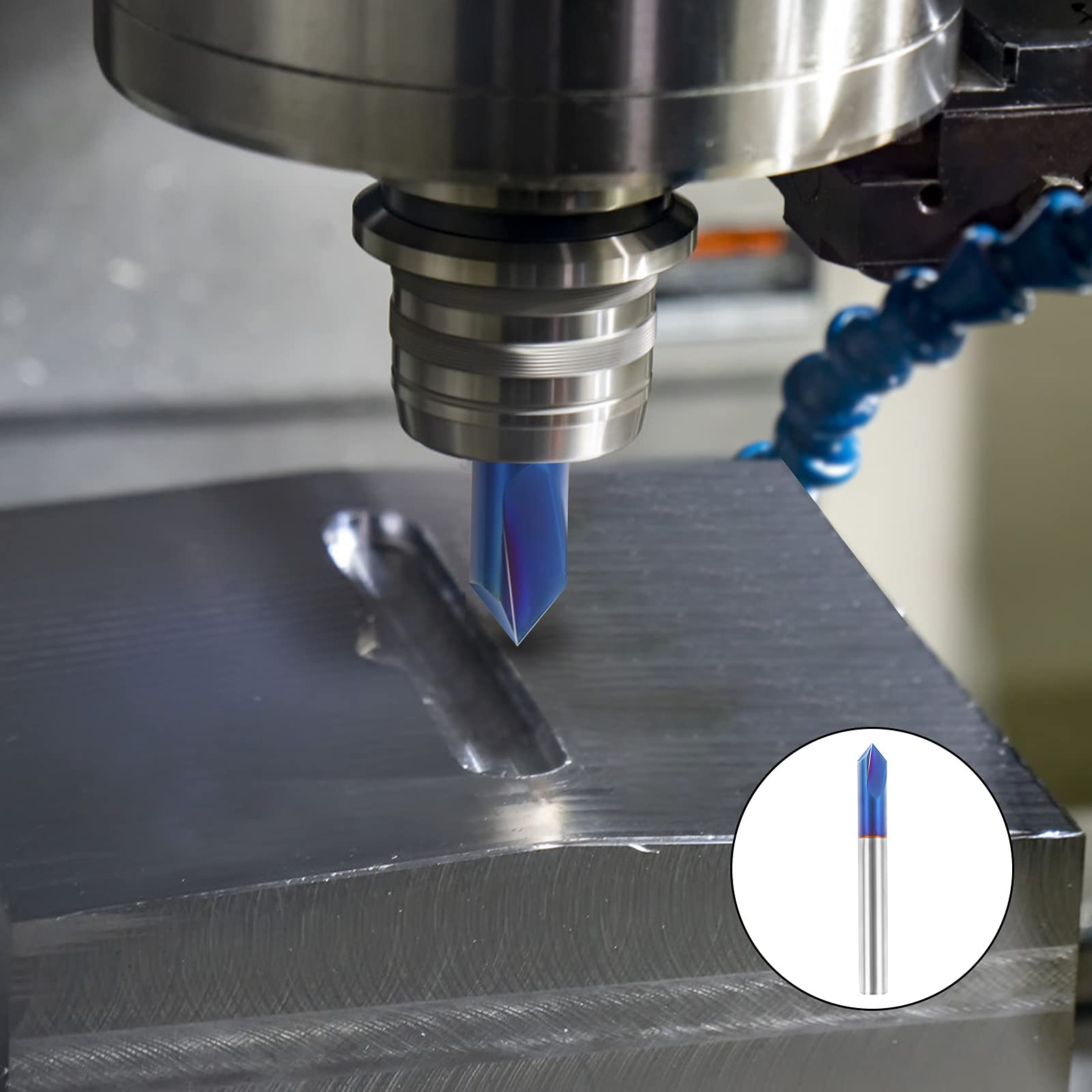 VHM Fasenfräser, 1 Stück 6mm Schaft 90 Grad Fasenfräser Entgrater, Wolframstahl 2 Flöte V Nutfräser mit Blau Nano Beschichtung, V Nut Schaftfräser für Werkzeugmaschinen und Anfasen (6 * 50mm)