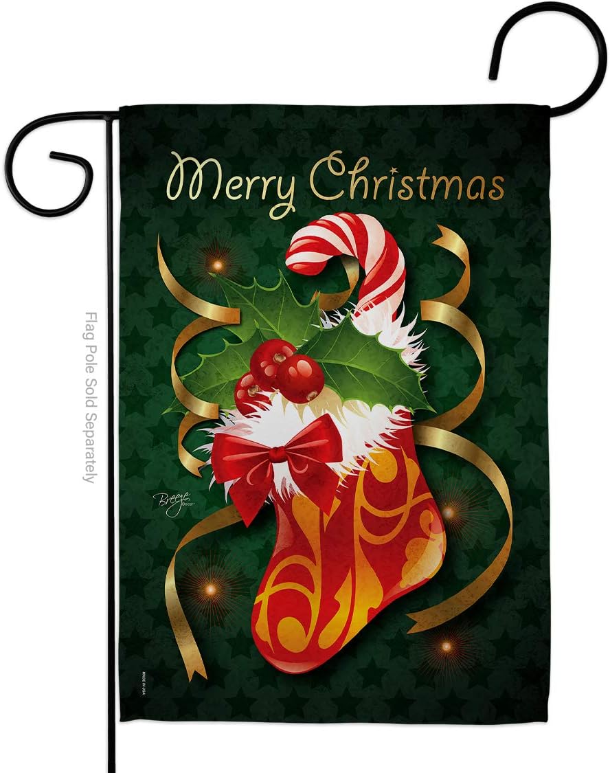 Xmas Stocking Garden Flag Set Wall Holder Wintertime Christmas Santa Marry Present Reindeer Season Snow Small Decorative Gift Yard House Banner Made In USA 13 X 18.5