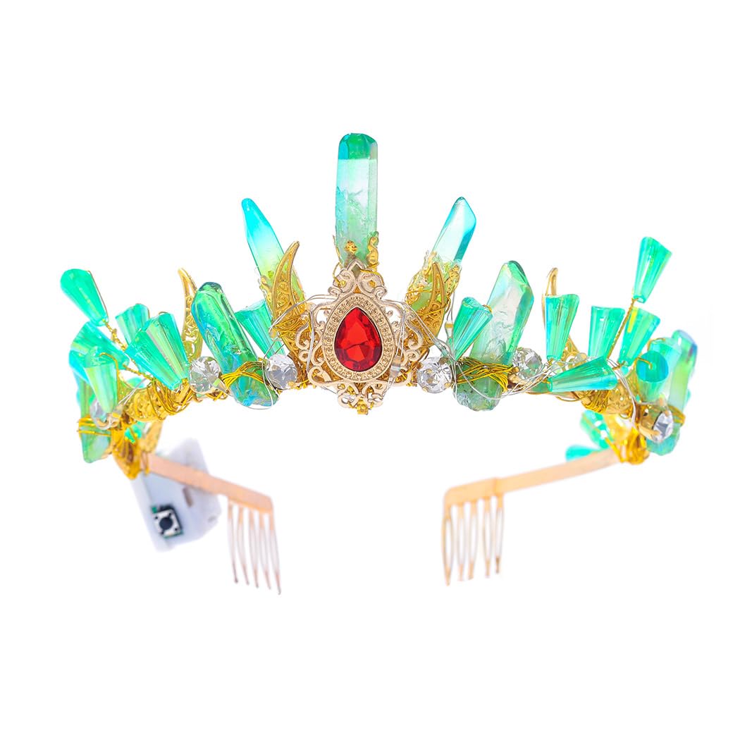 IYOU Cuarzo Iluminar Corona Verde Luna Led Coronas Tiara Cristal Boho Reina Boda Novias Accesorios para el Cabello para Mujeres