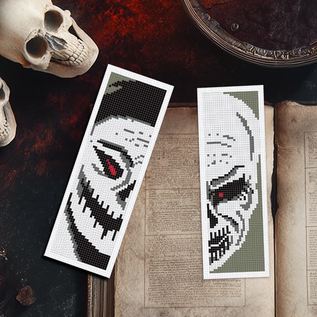 Image of INFUNLY 6PCS Skull Theme Cross Stitch Kit for Beginners 8.5x3 DIY Bookmarks Cross Stitch Kits Black White Horror Embroidery Cross Stitch Kits with Backing Felt Floss Instruction for Book Lovers