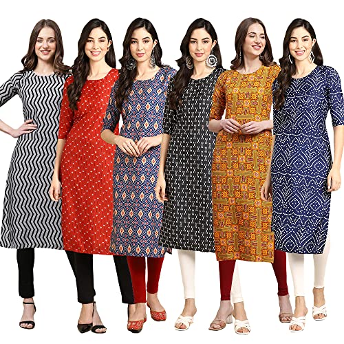 Image of Pinkmint Women's Crepe Digital Print Straight Kurta Pack of 6 [CR-336-370-344-343-328-366]