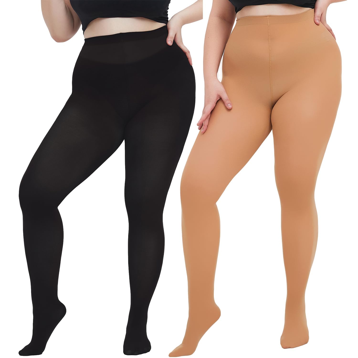 Damskie rajstopy plus size jednolity kolor nieprzezroczyste rajstopy rozciągliwe rajstopy z wysokim stanem, Czarny + opalenizna, XXL