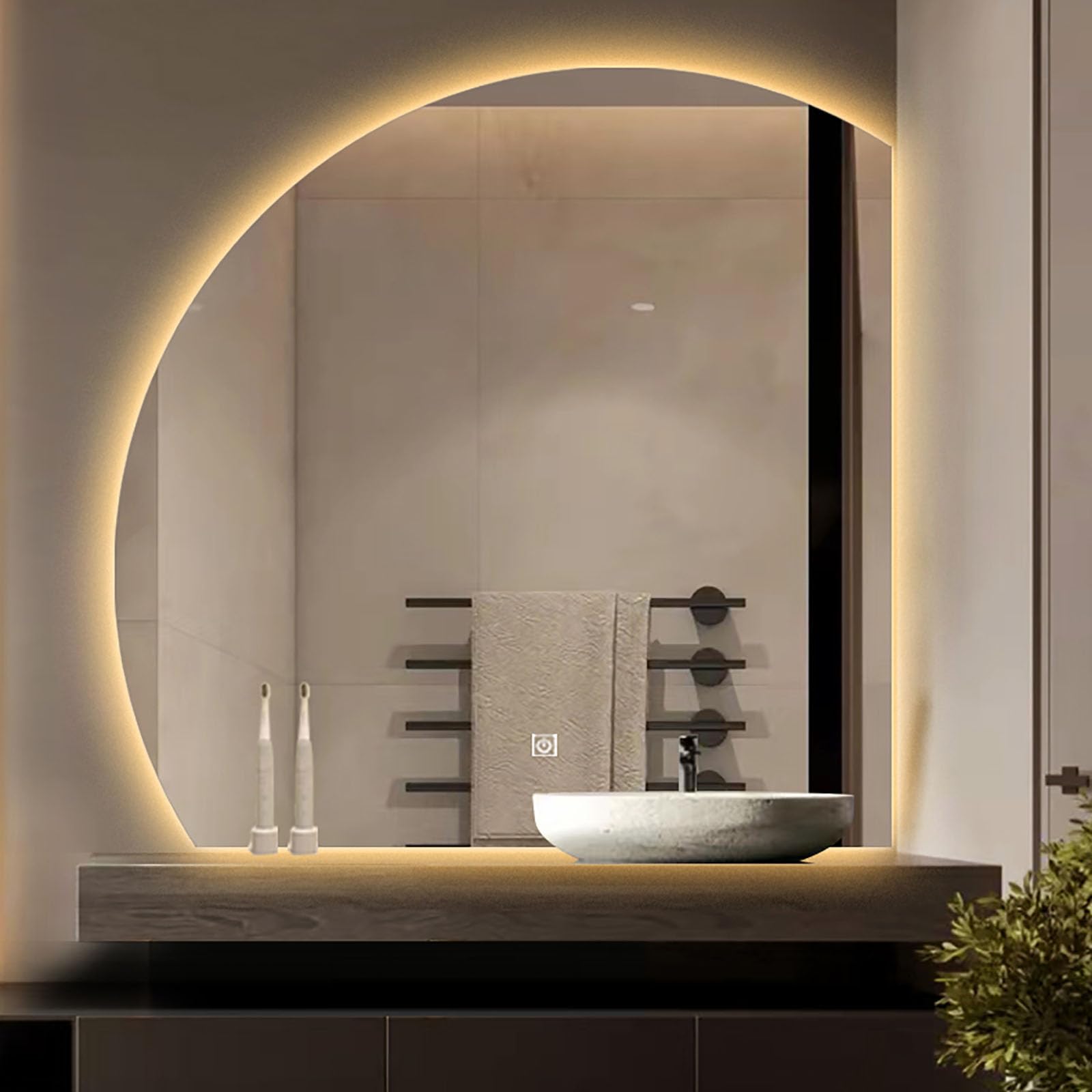 Lustro łazienkowe LED montowane na ścianie z przełącznikiem dotykowym 60 x 60 cm, półokrągłe, dekoracyjne podświetlane lusterko kosmetyczne do makijażu i pielęgnacji, stylowe rozwiązanie oświetleniowe