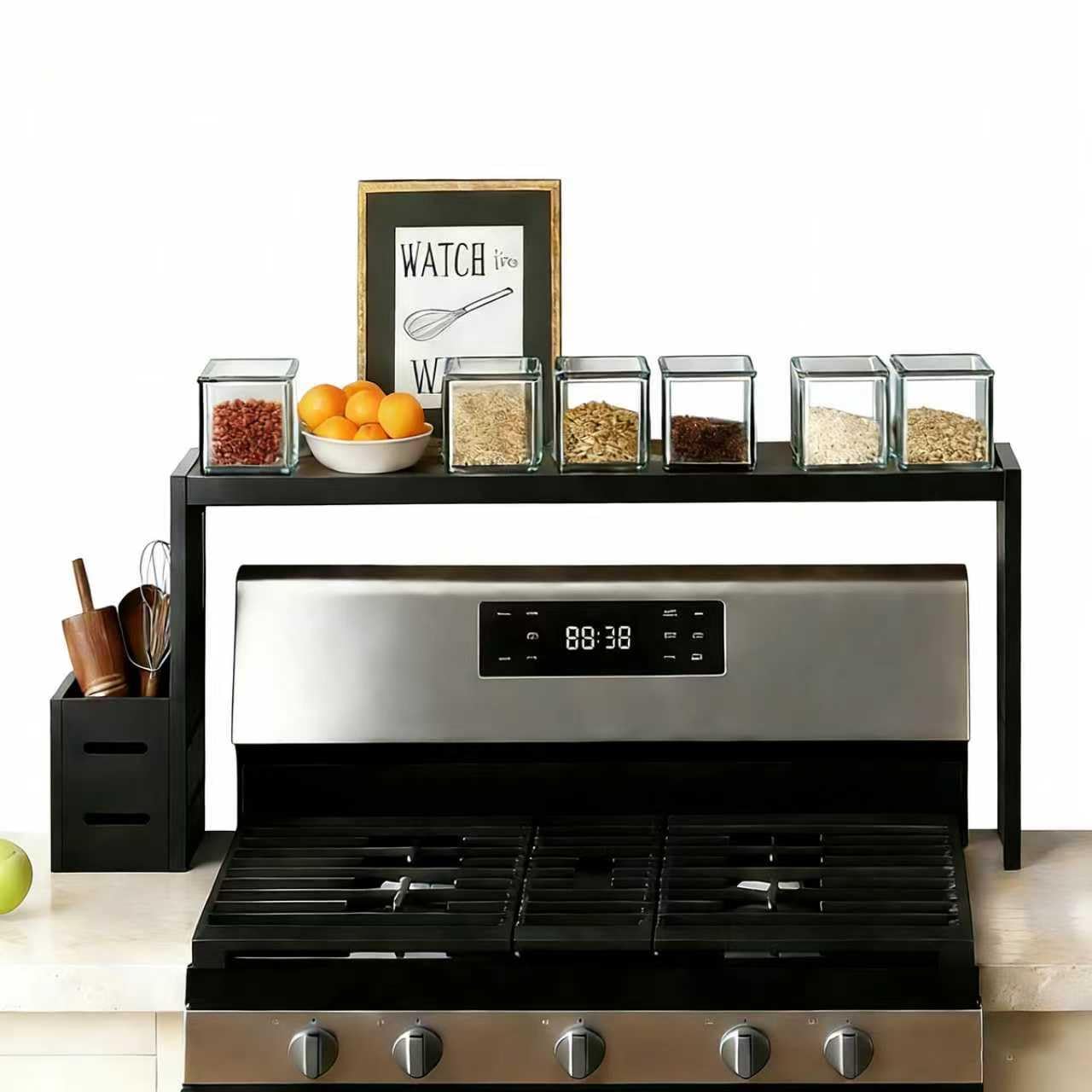 AODANC Over The Stove Shelf Wooden,31.5-inch Bamboo Spice Rack Top Over Stove For Above Hob,Height-Adjustable Organizer Storage Shelf For Kitchen (Black)