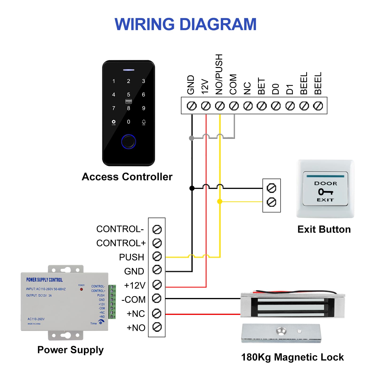 Tuya - Kit de sistema de control de acceso inteligente - Unidad de control de acceso de teclado retroiluminado, bloqueo electromagnético de 180 kg, adaptador de corriente de 12 V/3 A, 10 tarjetas IC
