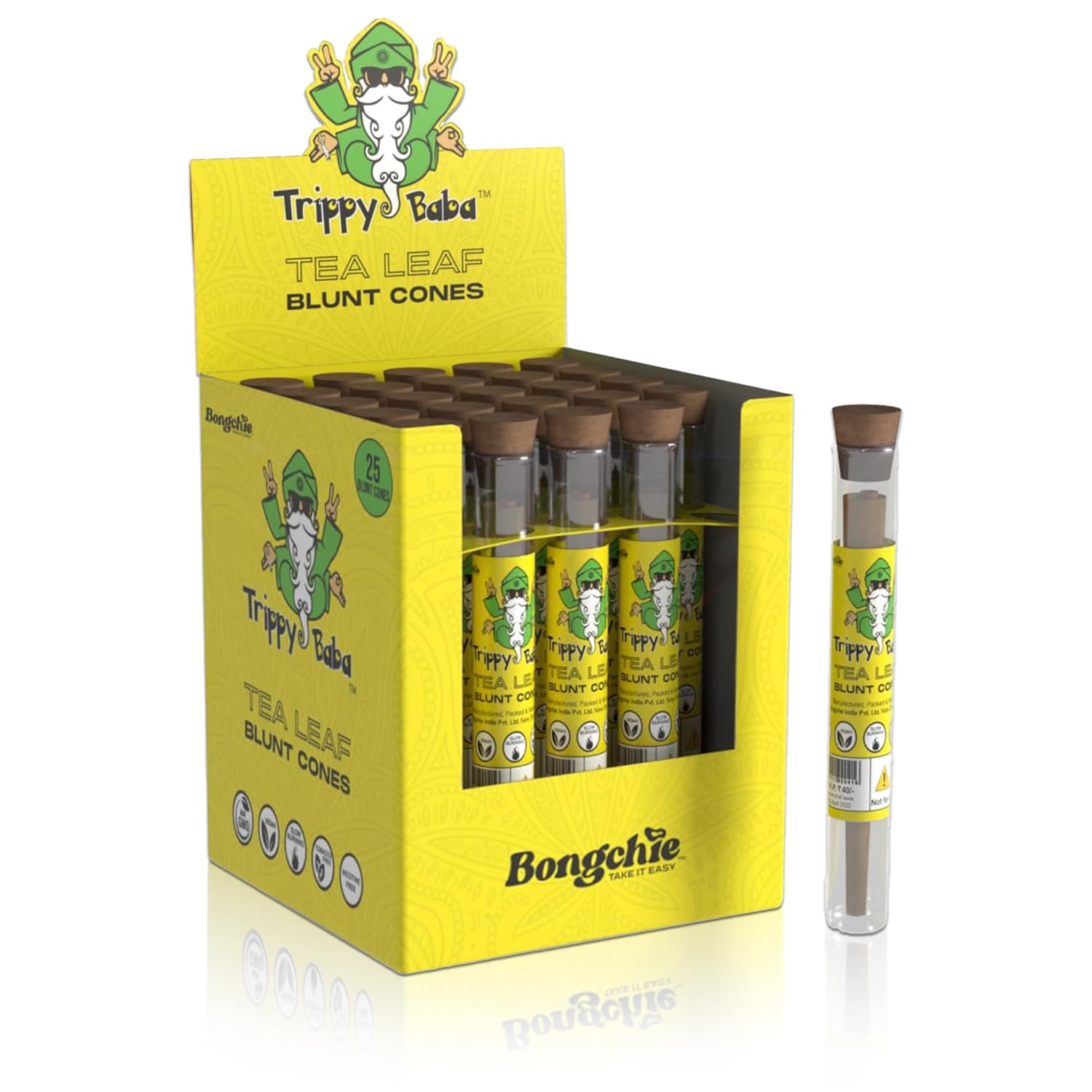 Bongchie Trippy Baba Natural Tea Leaf Blunt Cones | Box of 25 | Pre-Rolled, Ultra-Smooth, Natural Brown Wraps for Enhanced Smoking Experience | Slow-Burning, Tobacco-Free, Eco-Friendly Cones