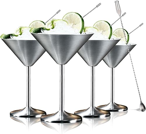 USEEKRIL Juego de 4 vasos de Martini de acero inoxidable con púas y cuchara, vasos de Martinin irrompibles de 7 onzas, vasos para exteriores para