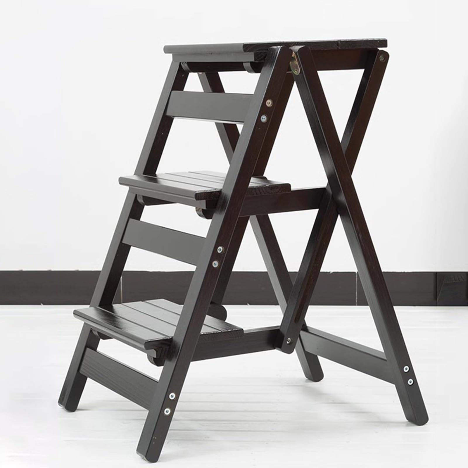 Wooden Folding Library Ladder Chair, 3 Step Solid Wood Folding Ladder Chair, Protable Wooden Step Stool, Multifunction 3-in-1 Wood Step Stool, for Home, Library (Color : Black)