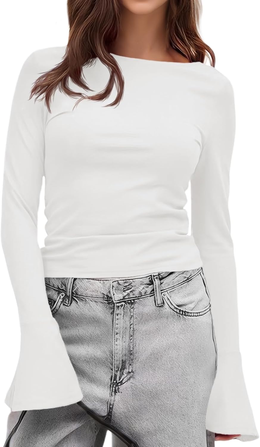 Cicy Bell Womens Long Bell Sleeve Tops Boat Neck Going Out Fitted Shirts Trendy Casual Basic Tees White - Image 2