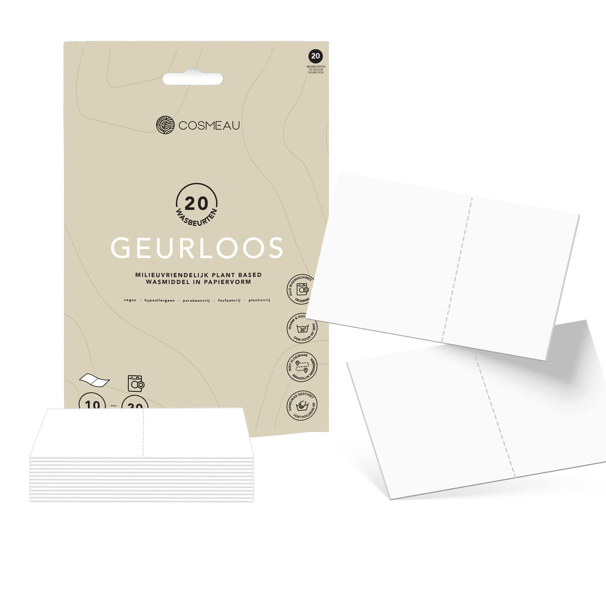 Cosmeau Neutral Detergent Sheets - Up to 20 Washes (20 Sheets) - Sustainable Detergent for White, Colour and Black - Plastic-Free, Degradable & Perfect Travel Detergent