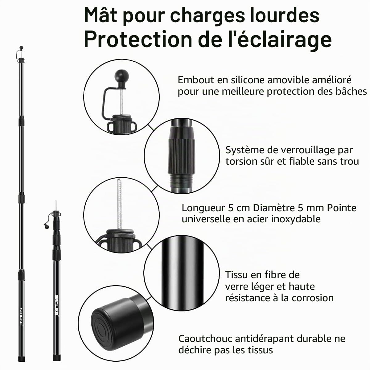 SAN LIKE Lot de 2 piquets de Tente télescopiques en Fibre de Verre - 250 cm - Léger - Réglables - pour auvent de Pluie