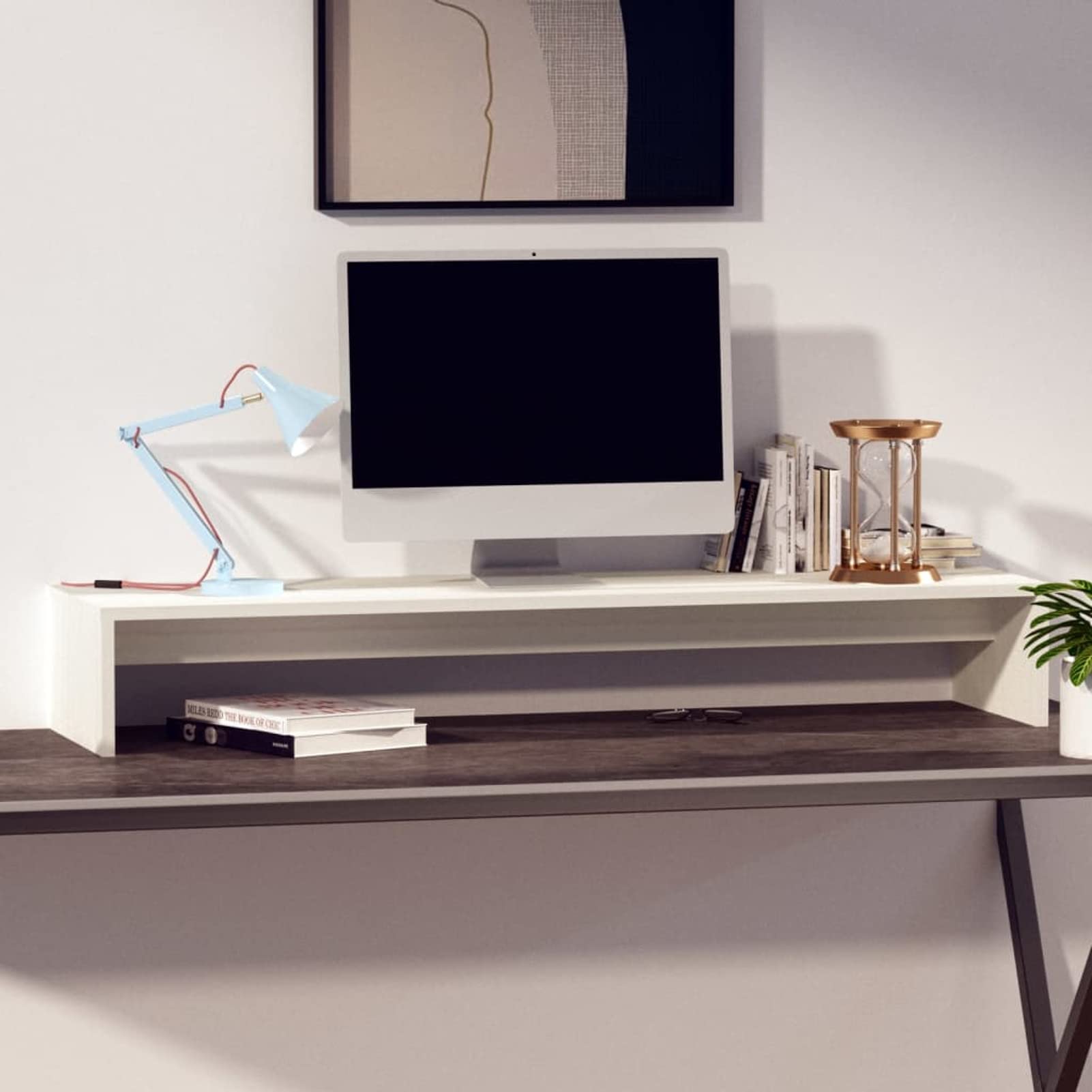Homgoday Supporto per monitor per computer, altezza dello schermo per scrivania, laptop, supporto stampante, supporto per laptop, monitor, bianco, 100 x 27 x 15 cm, legno massiccio di pino