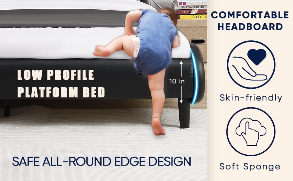 Miniatura 4 de Base de cama de plataforma tapizada moderna tamaño Queen con cabecero de luces LED, marco de cama de piel sintética con forma de ondas, aporta una