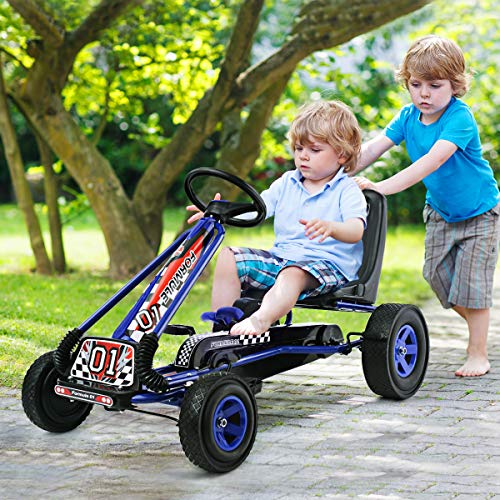 Honey Joy Go Kart For Kids, 4 Wheel Quad Off-Road Pedal On Foot Go Cart W/Steering Wheels & Adjustable Seat, 2 Safety Brakes, Eva Tires, Clutch, Outdoor Racer Ride On Pedal Car (Blue) #TOP5