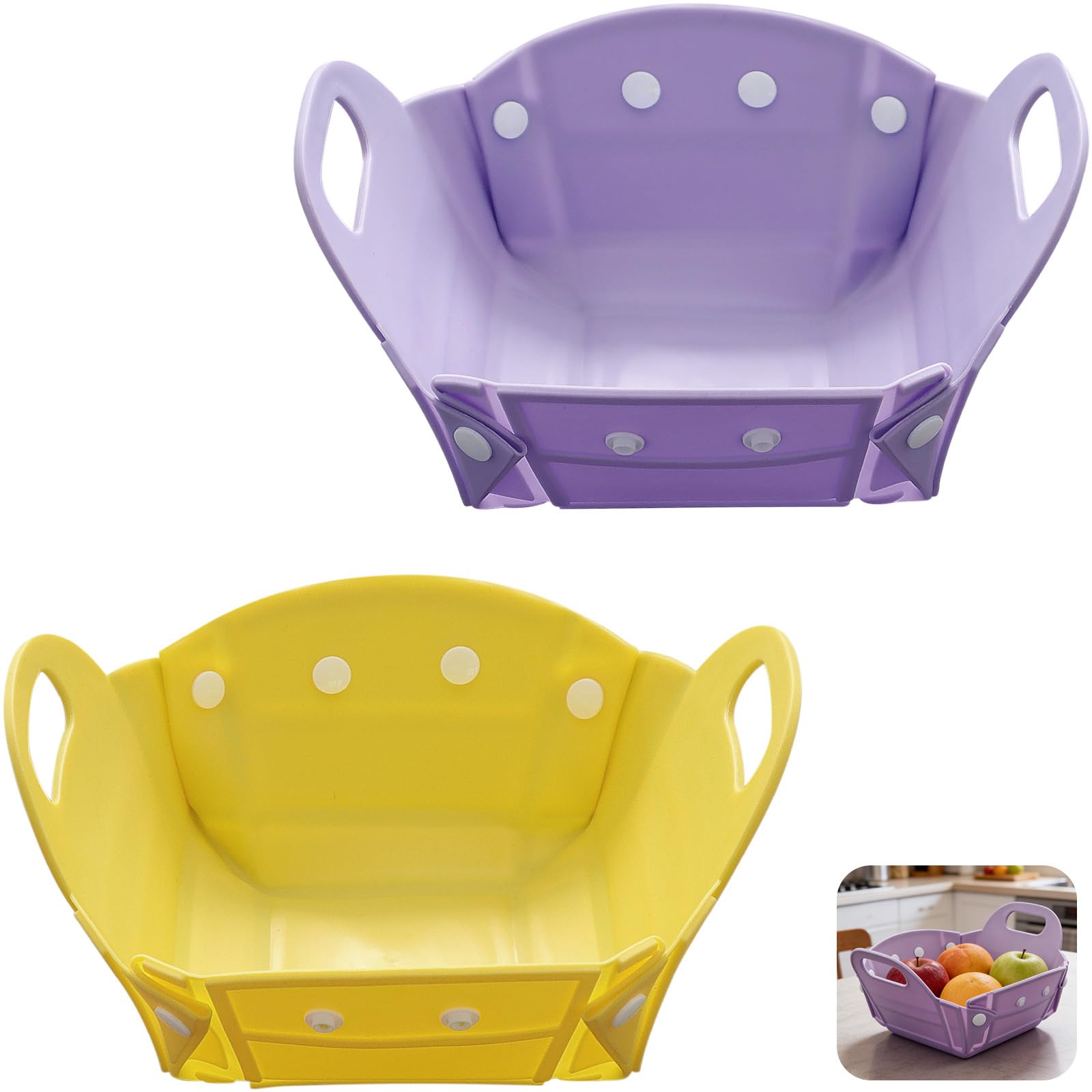 Zestaw 2 składanych koszy na owoce i deski do krojenia 2 w 1 - Kosz do przechowywania na kemping, piknik - materiał TPR, 20x10,5cm - Fioletowo-pomarańczowy - Faltschüssel Silikon Schüssel