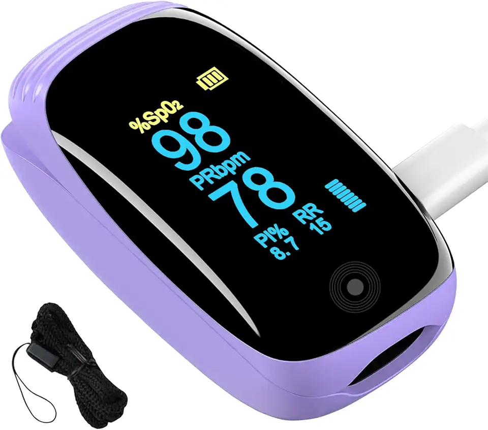 Rechargeable pulse oximeter with respiration , with SpO2 Pulse Rate and PI RR Precision Fast Oximeter SpO2 Reading Outdoor Sports Home (Purple)