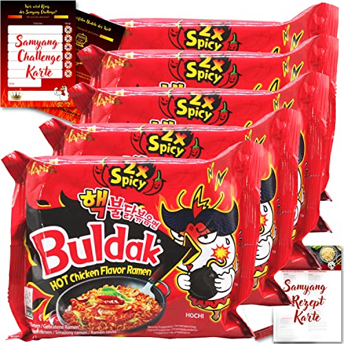 asiafoodland - Samyang Buldak Ramen Set - 2 x Spicy - Doppelt scharfe Feuerhuhn Nudeln aus Südkorea - mit Challenge- u. Rezeptkarte, 5er Pack (5 x 140g) Cover