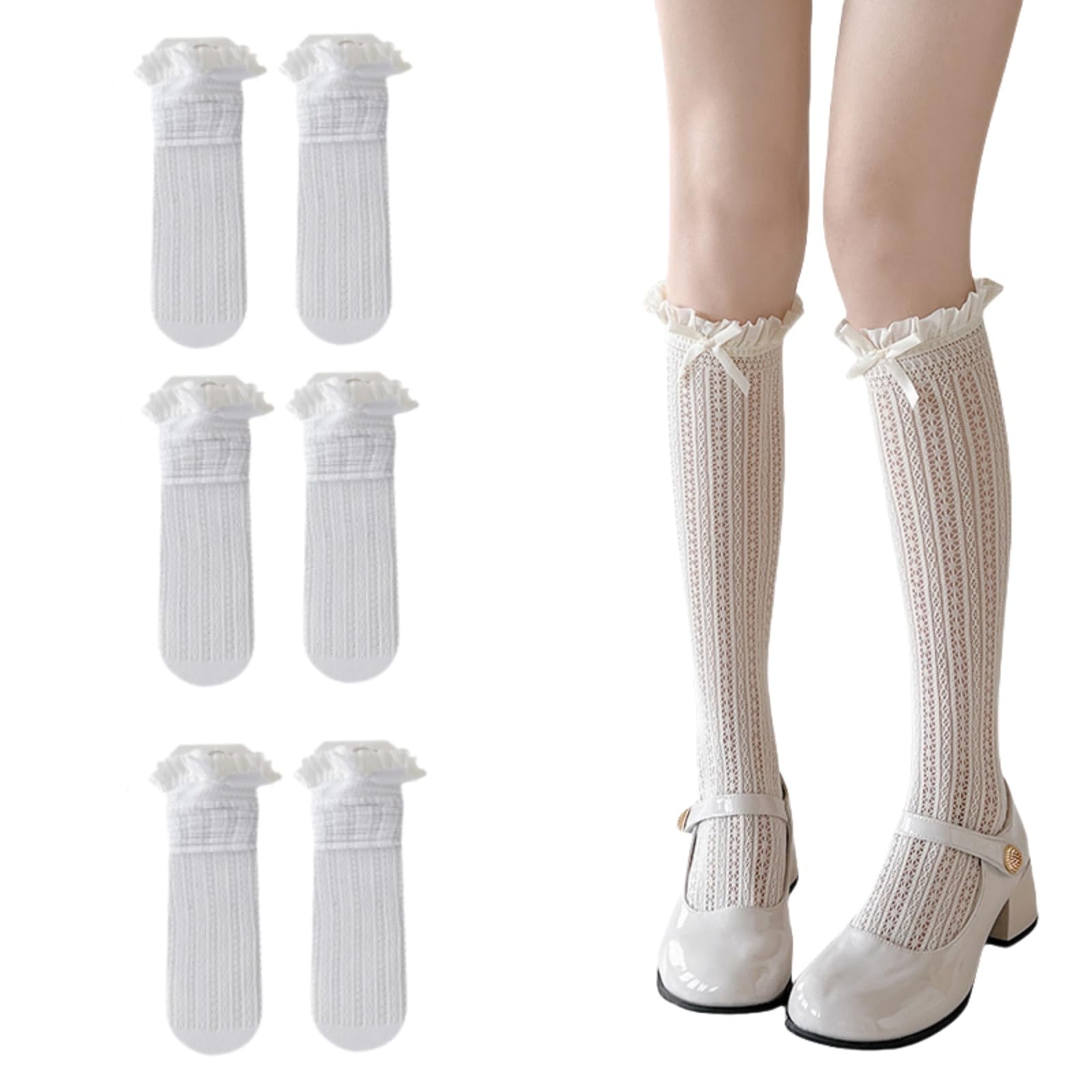 Toukingda Women's White Lace Knee High Pop Socks With Bow 3 Pairs Girls Hollow Out Stockings Y2k Fishnet Socks With Lace Brim Cute Mesh Calf Sock Tights For (White)