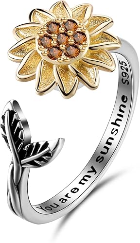 Miniatura 1 de Anillo de plata de ley para mujeres y adolescentes, anillos ajustables y abiertos para aliviar la ansiedad, el estrés, girasol, luna, estrella,