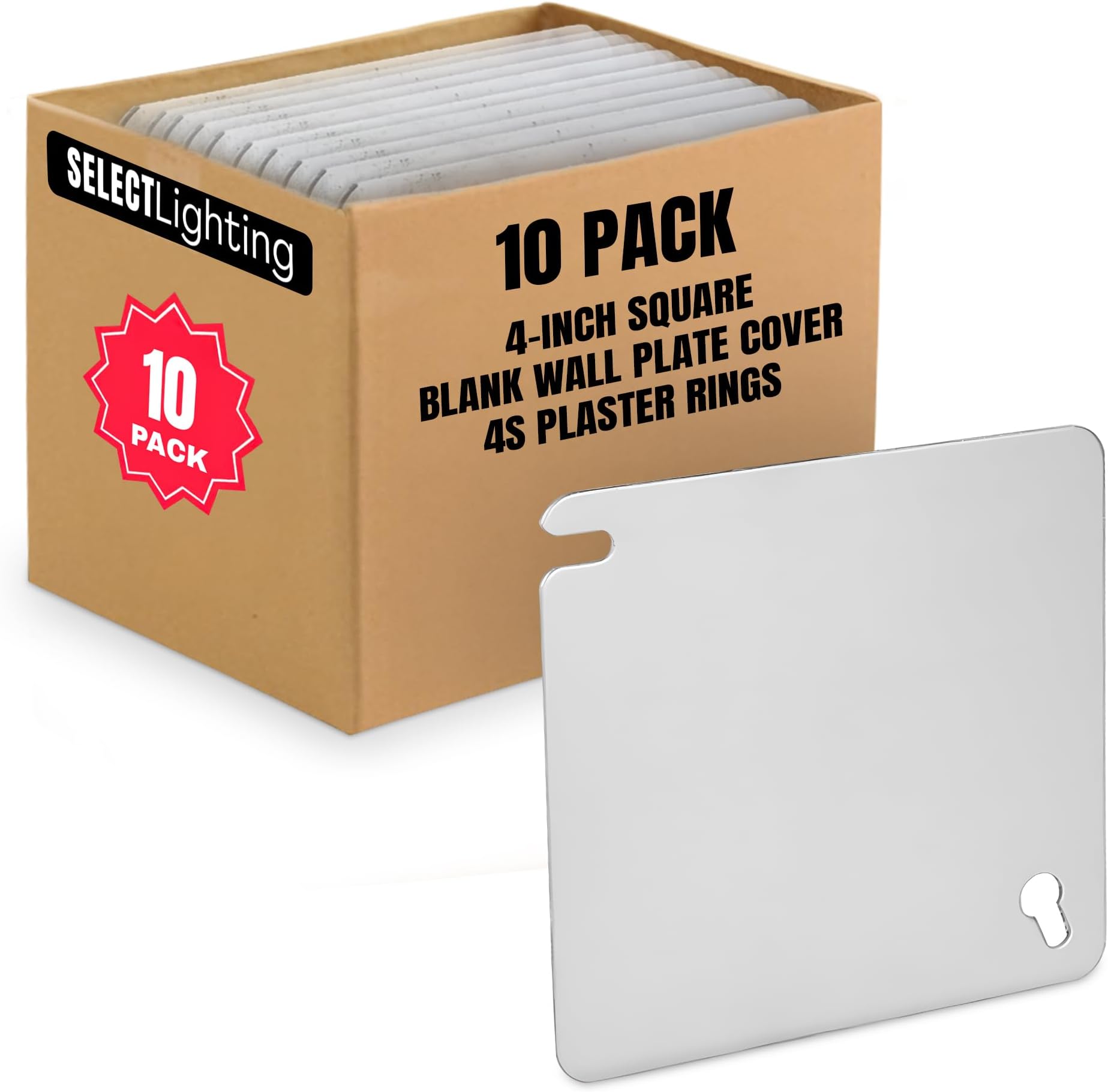 Select 10 Pack Blank Cover 4" Square (4S) Plaster Ring Mud Ring, Wall Plate Cover, Junction Box Blank Outlet, Electric Box Cover, SEL-4SBL-10PK