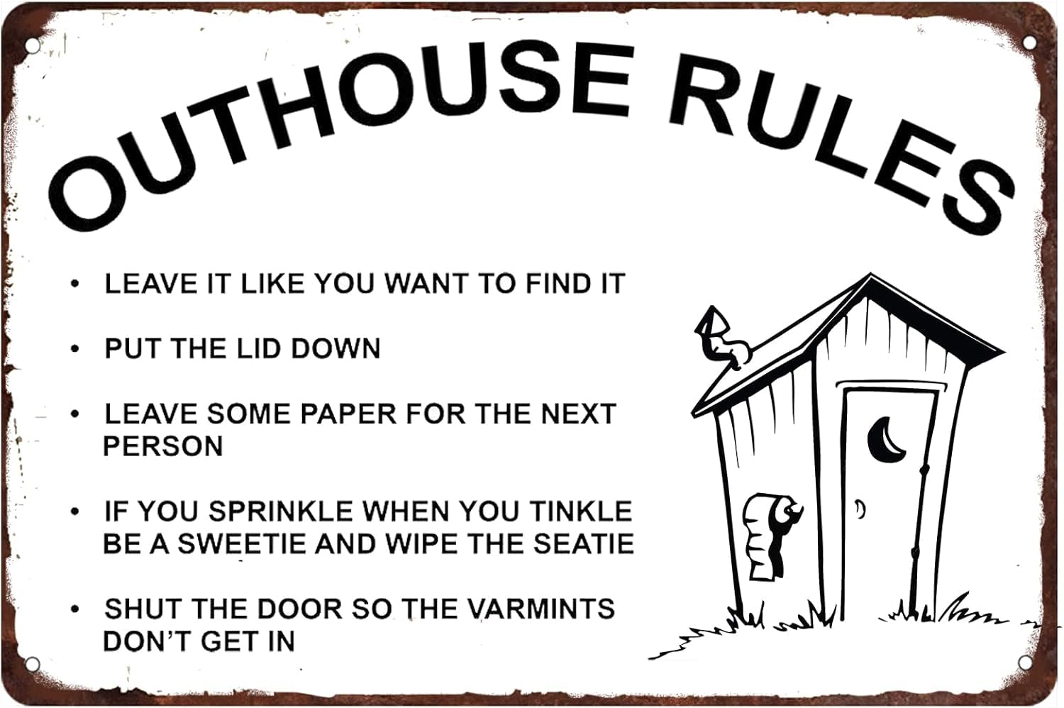 SMAZDFXX Outhouse Rules Metal Sign Vintage Suitable for Home Bedroom Wall Poster Cave Bar Cafe Restaurant Club Art Decor Signs 8"x12"