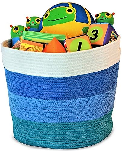 OrganizerLogic Storage Baskets - Blue- Large 15"x 15"x 13" Cotton Rope Storage Bins for Organizing Toys, Baby, Kids, Laundry Bin- Natural Woven Basket