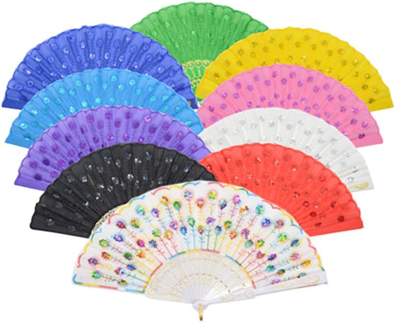 Lysa® "Peacock Folding Hand Held Fans Bulk for Women - Spanish/Chinese/Japanese Vintage Retro Fabric Fans (Colorful 10pcs)