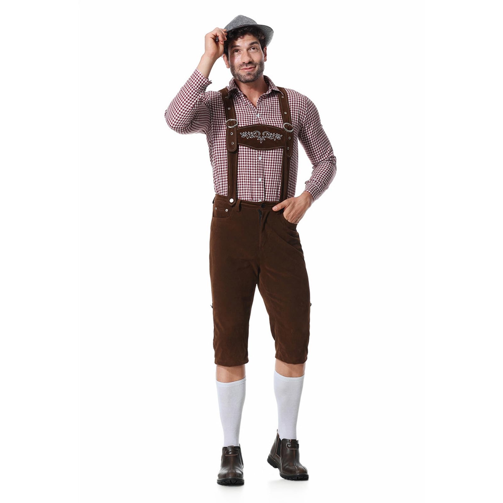 Lederhose Herren Kurz,Lederhosen Tracht Herren Oktoberfest Outfit Mit LäTzchenträGer Kariertes Hemden Und Bayerischen FilzhüTe Dunkelbraun Trachtenhose Pflegeleicht Trachtenlederhosen