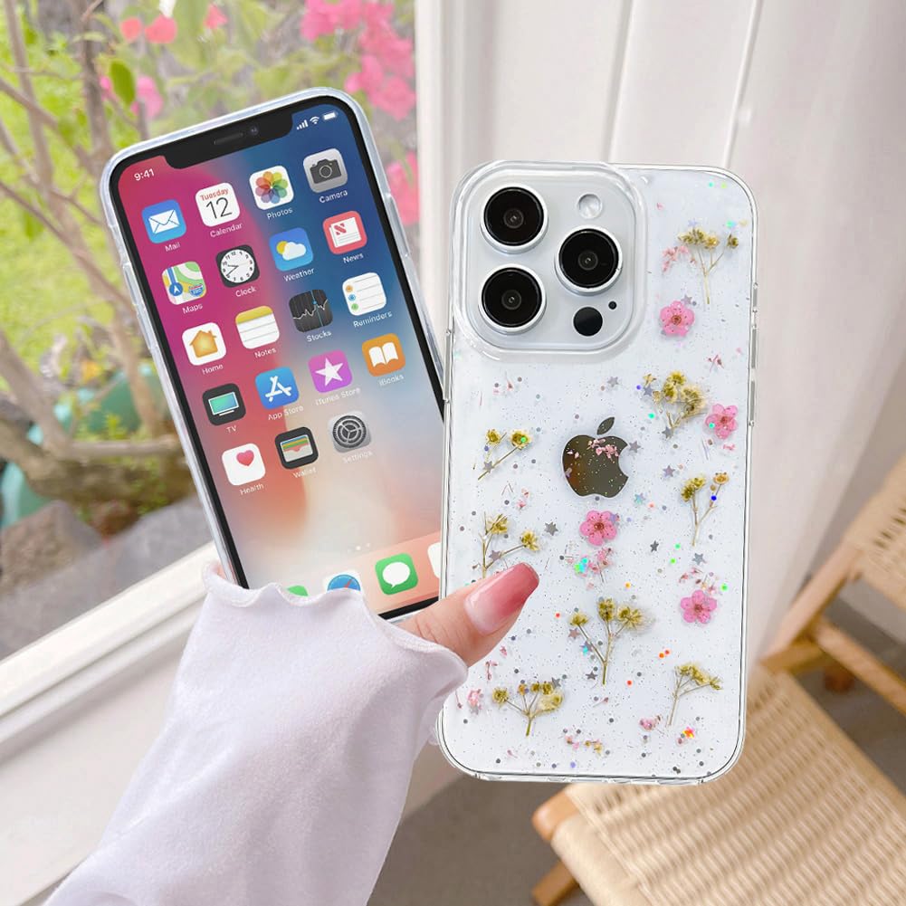 Efitoo For IPhone 17 Pro Max Case Glitter Clear With Real Dried Pressed Flower Design Cute Women Girly Aesthetic Bling Sparkly Soft TPU Protective